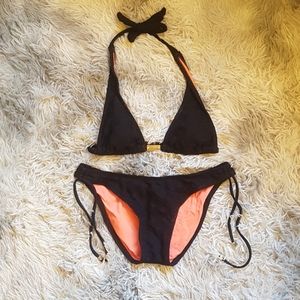 GUESS Halter Bikini Swim Set - Black Orange Silver - Small